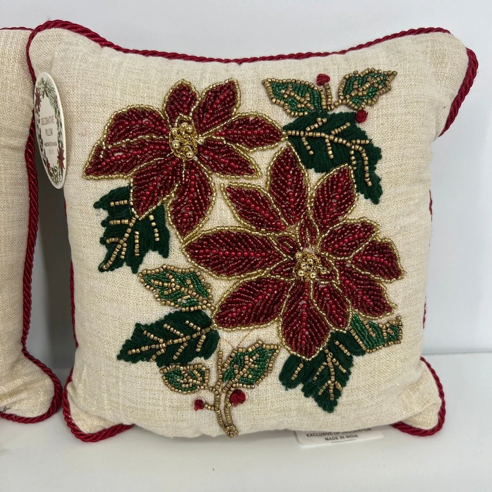 Beaded‎ Poinsettia Decorative Pillows Red Gold Christmas 12 x 12 Set of 2 NEW